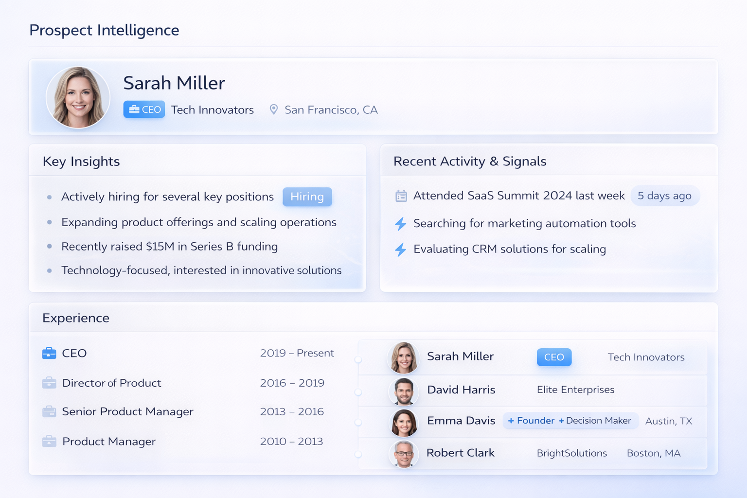 Prospect intelligence view showing key insights, recent activity, and buying signals