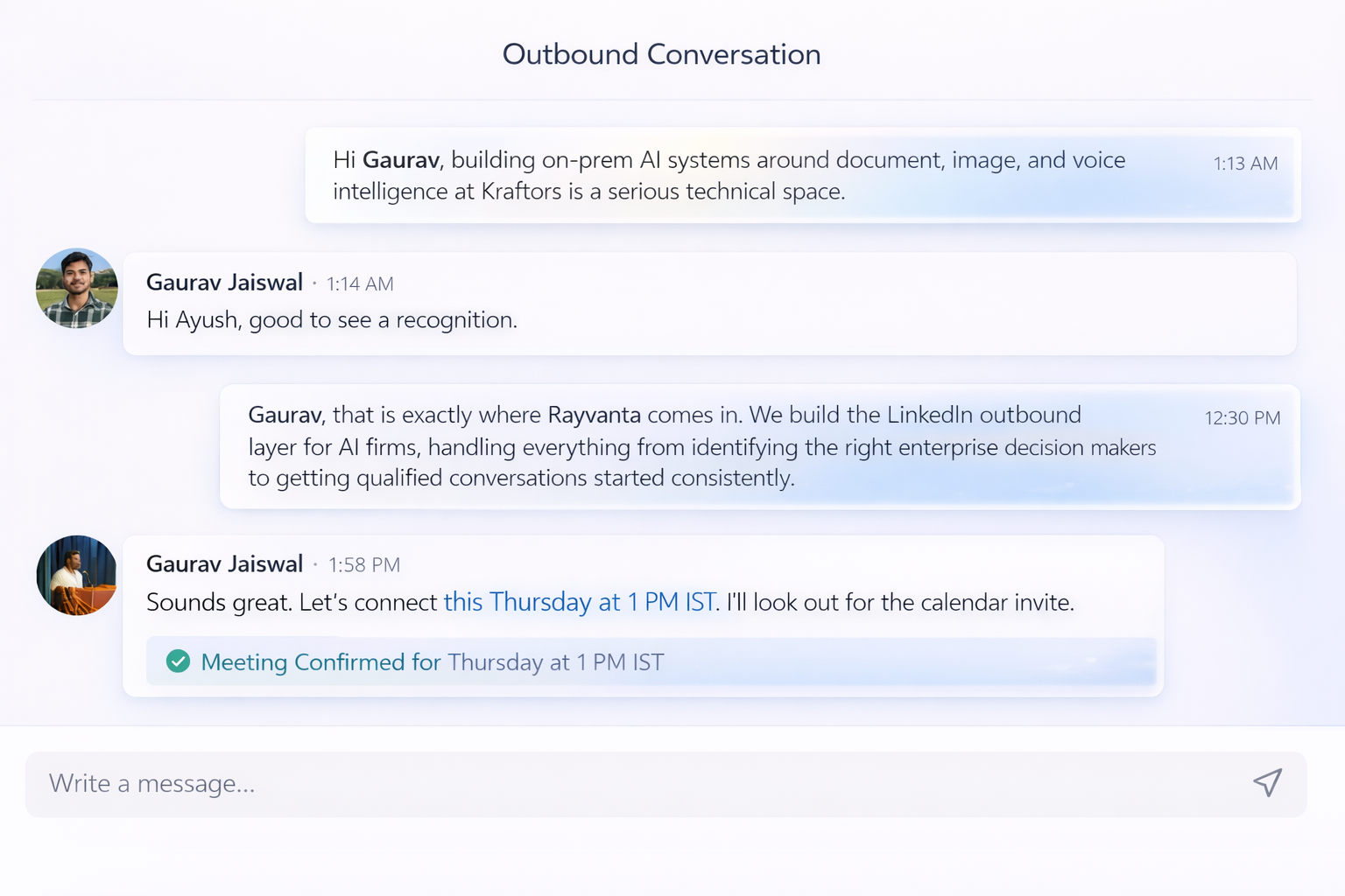 Outbound conversation flow showing personalised messaging and meeting confirmation